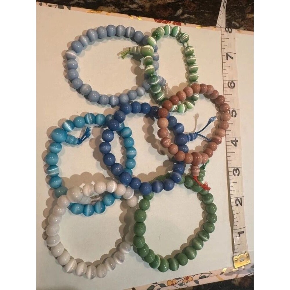 Lot of 7 Cat Eye Glass Beaded Stretch Bracelets Multicolor